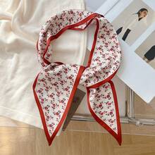 4件套女士法式红色花卉印花围巾发带，休闲优雅日常佩戴及礼品 - 彩色 - 查看 7