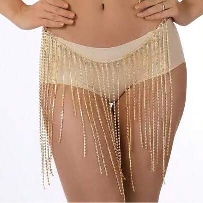 1pc Gold-Plated Crystal Rhinestone Long Tassel Waist Chain/Body Chain