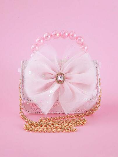 1pc Tassel, Rhinestone, Mesh Bow Decor PU Sequin Material Flap Closure Chain Strap Beaded Handbag, Fashionable Multifunctional Chain Shoulder Crossbody Bag, Suitable For Christmas And Daily Use