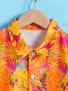 夏季新款夏威夷风情热带印花衬衫+做旧牛仔短裤 4-8岁男童假日套装 | 活力街头校园休闲两件套 - 橘色 - 查看 4