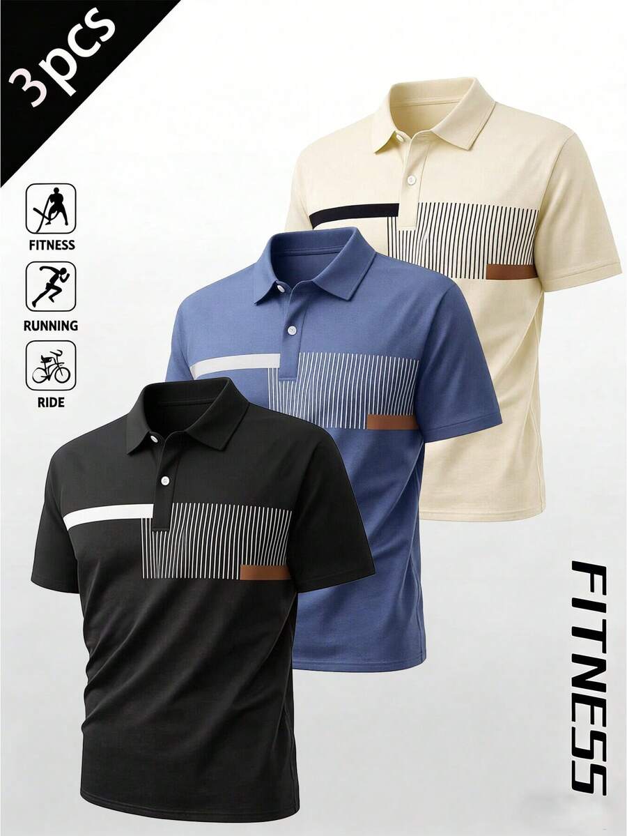 3 pièces/set Chemises polo décontractées pour hommes, manches courtes, tee-shirts respirants pour le sport, légers pour les voyages et les déplacements - Noir - Voir 1