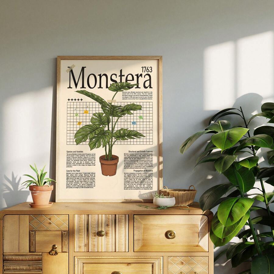 1幅复古龟背竹植物墙画，复古科学插画植物养护指南帆布印刷画|大型热带绿植百科全书装饰画，适用于卧室、客厅或办公室家居装饰，中世纪现代农舍风格海报，送给爱植物人士的精美礼物，可选择无框或有框 - 圖案 - 查看 1