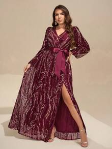 YISIKADO Đầm dạ hội dài tay cổ chữ V chéo, đính sequin, cỡ lớn dành cho nữ, thích hợp cho đám cưới hoặc tiệc tùng. - Màu Đỏ Sâu - Xem 5
