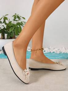 Nuevos zapatos casuales de estilo de bailarina con lazo de cinta de color macaron, versátiles y minimalistas - Beis - Ver 5