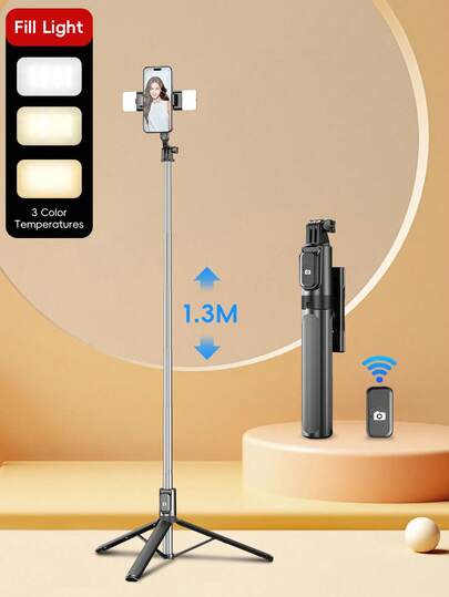 Bluetooth Selfie Stick Tripod With Remote Control, Dimmable LED Fill Light, Compatible With Most Smartphones, LED Light, Portable Adjustable LED Video Light For Camera, Camcorder, Blogging, Photography, Video Shooting, Zoom Meeting, Interview, Live Streaming, Home Party, Christmas Party Shooting, Handheld Selfie And Outdoor Activities