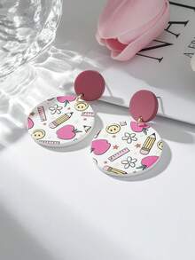 1 Pair Women's Back To School Smiling Face, Pencil, Ruler, Apple, Floral Print Acrylic Cute & Elegant Earrings - Multicolor - View 5