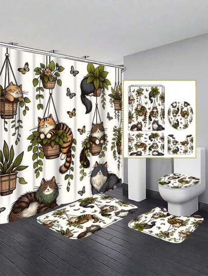 1/4件套猫咪植物图案浴帘套装，含挂钩，防水浴帘，马桶垫，防滑浴室地毯，U型浴室垫，浴室装饰配件
