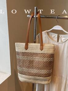 low tea 1 pieza Bolso de playa de paja con bloques de color, bolso de hombro de moda retro para mujer, diseño de doble asa superior, cierre con cremallera, adecuado para viajes, compras, citas, regalo para mujer, muy apropiado para ir a la oficina, actividades al aire libre, viajes, senderismo, salidas - Blanco - Ver 2
