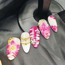 10pcs Handmade Press On False Nails Pink White Tropical Floral Style 3D Flower Gold Chain Rhinestone Nail Charms Full Cover Nail Art Daily Wear Party Vacation Spring Summer Unas Postizas - Pink - View 6