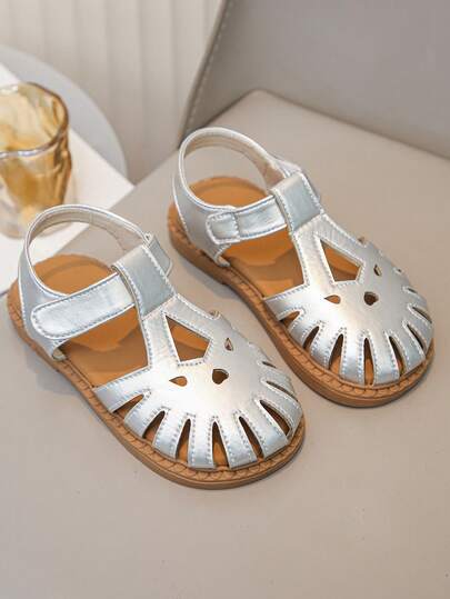 Toddler Girls Silver Heart Cutout Sandals, Closed Toe Ankle Strap Princess Shoes