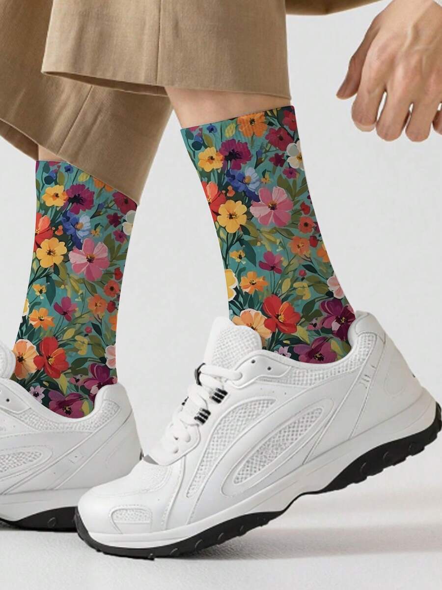1 Pair 360 Men's Socks – Fun All-Over Print Featuring Flower Print,Soft, Comfortable, And Highly Elastic, These Fashionable Casual Streetwear Hip-Hop 360 Socks Are Perfect As Compression Gear, Valentine's Day Socks, Or Loose Maternity Socks Socks - Multicolor - View 1