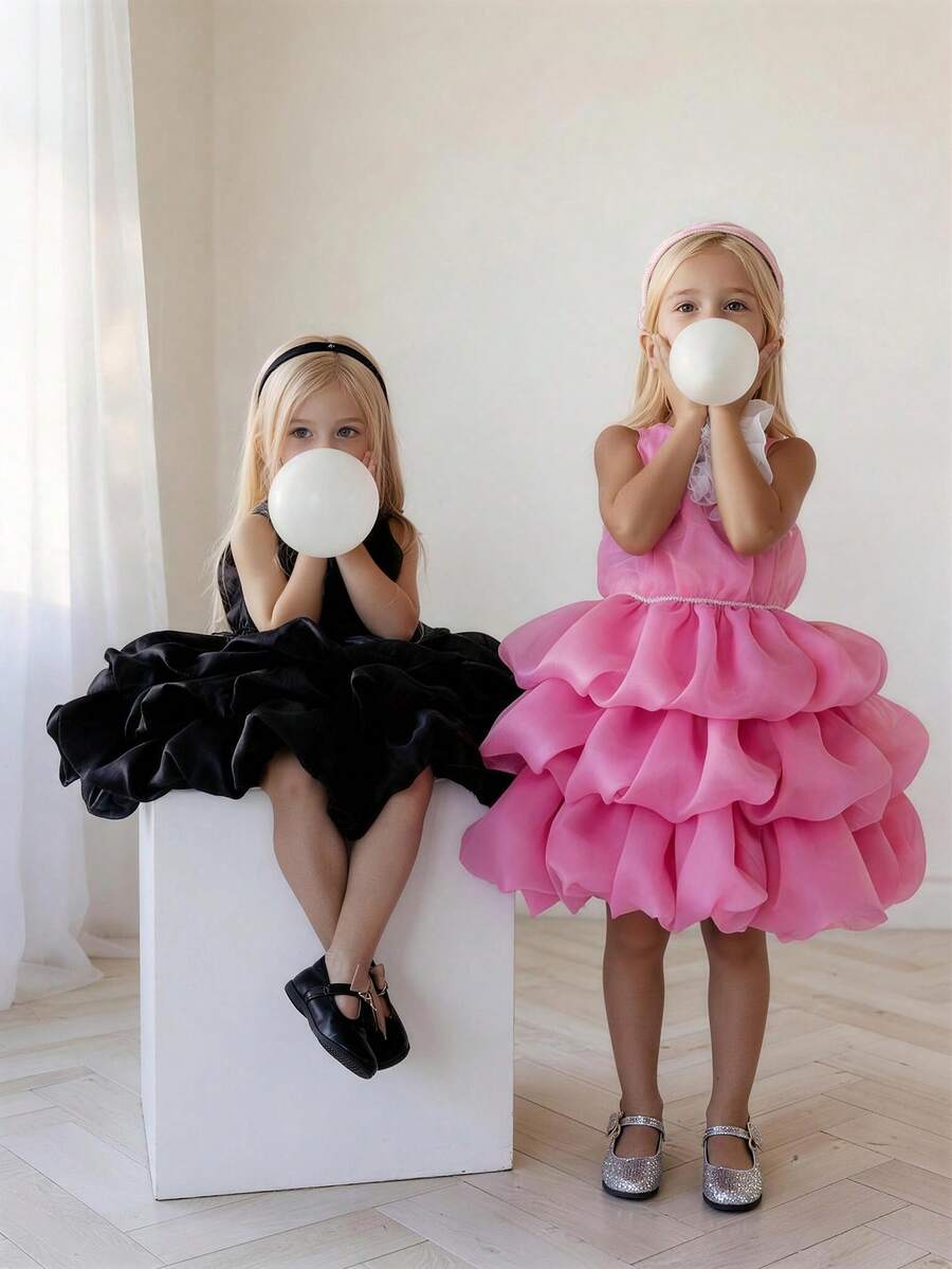 年轻女孩 3D 花卉串珠网眼覆盖撞色优雅公主派对礼服，适合生日、婚礼、舞会、派对、节日庆典