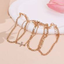 4条欧美金属风格合金水钻十字编织链手链，适合女性佩戴 - 十字架 - 查看 4