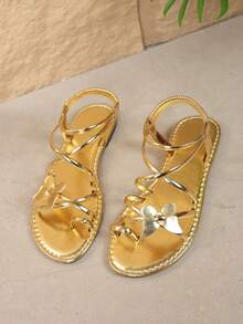 Teens' New Metallic Glossy Butterfly Decor Ankle Strap Flat Sandals, Casual Vacation Style, Daily Commute, Holiday Outing, Gold Metallic Glossy Butterfly Flat Sandals, Silver Metallic Glossy Butterfly Flat Sandals - Gold - View 8