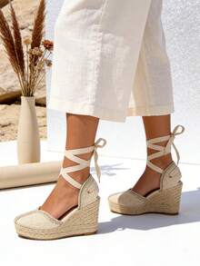 Women's Espadrille Sandals With Platform And High Wedge Heel, Comfortable High Platform And Bohemian Wedge Heel In Braided Wicker Jute Sandals, Ideal For Work, Leisure And Vacations, Versatile For Everyday Wear - 杏色 - 查看 3