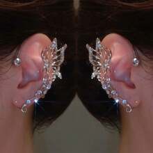 Explosive Super Flash Butterfly Elf Ear Hanging Super Fairy Niche Light Luxury Earrings Fashionable Ear Clips - 鏤空鋯石蝴蝶白金一對 - 查看 3