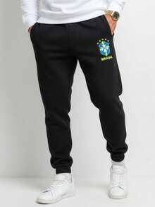Men's Printed Sweatpants Brazil National Football Team Gym Casual Sports Jogger Pants With Pocket, Flannel Lining, Winter - 黑色 - 查看 2