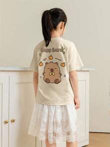 Tween Girls Students Casual Printed Round Neck Short Sleeve T-Shirt, Summer Top - Apricot - View 2