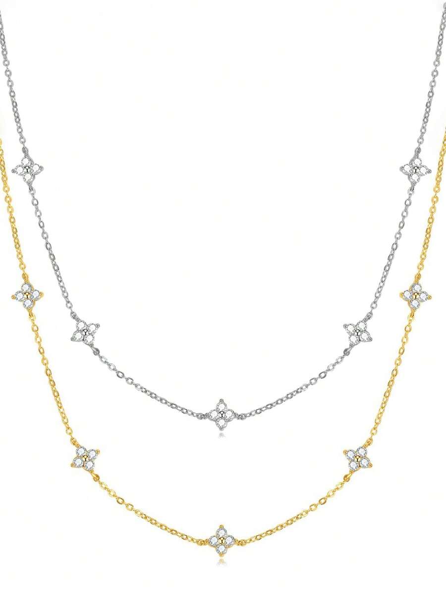 S925 Silver Four-Leaf Clover Rhinestone Necklace, Luxury Gold-Plated Clavicle Chain, Versatile Jewelry Gift Box For Daily Wear And Party