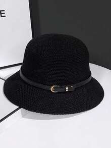 Korean Linen Woven Bucket Hat, Women Summer Japanese Style Versatile Sun Protection Hat - A - View 5