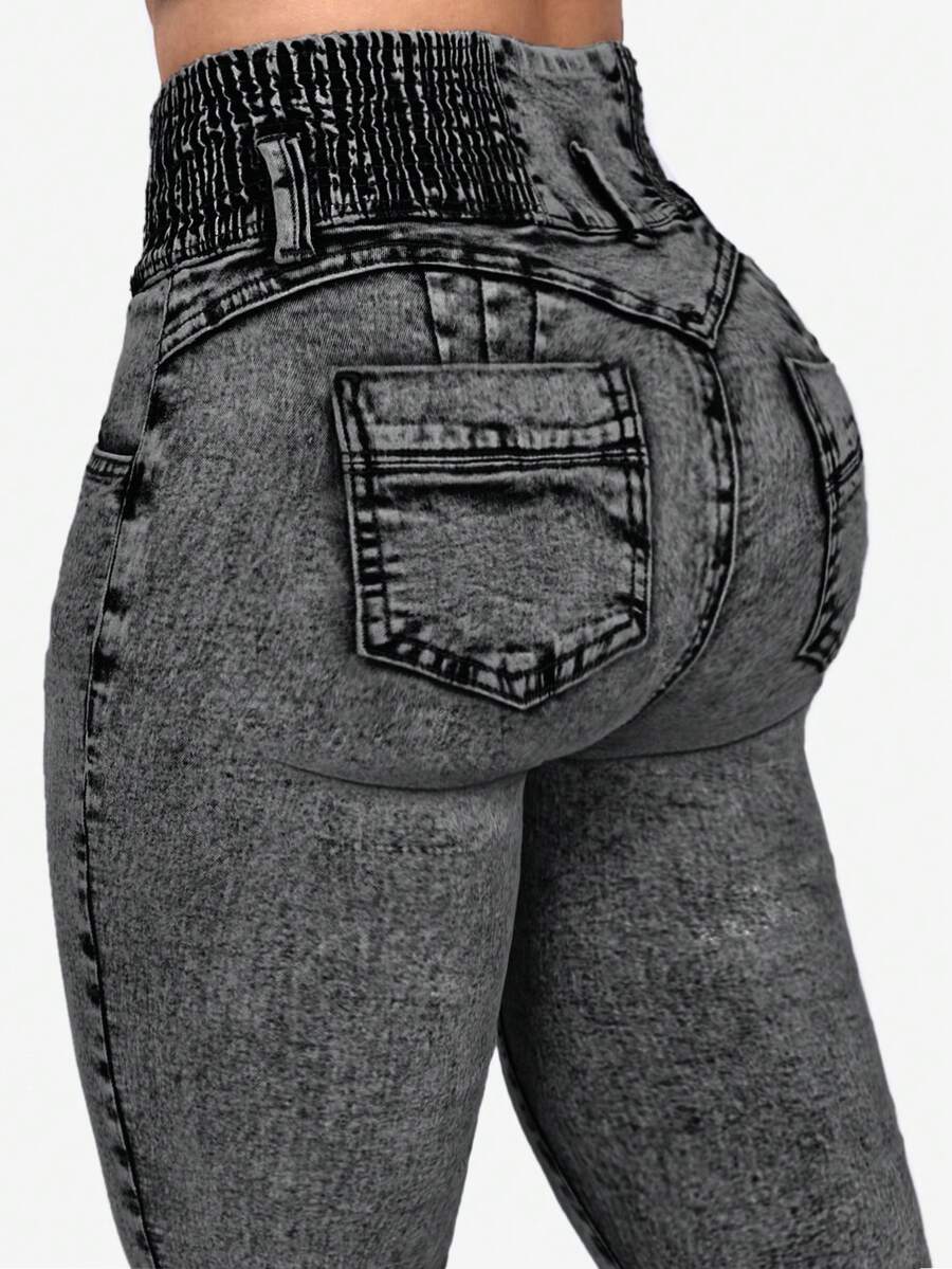 1 pieza Jeans de ajuste ceñido mejorados procesados con técnica de lavado especial, casual de vacaciones de primavera - Gris Oscuro - Ver 1