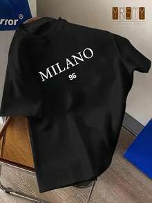 [Sporty T-Shirt]MILANO 96 Print, Men's Crew Neck Short Sleeve T-Shirt, Casual Tops For Men, Men's Comfy Clothing For Daily Wear, Men's Fashion & GiftRelaxed Plus Size T-Shirt - Black - View 6