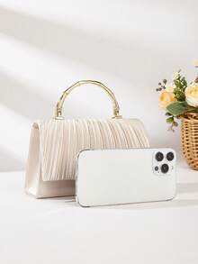 Pleated Satin Evening Clutch, Cream Formal Purse With Gold Metal Handle & Gold Floral Clasp With Faux Pearls – For Weddings, Proms & Party Looks - Apricot - View 4
