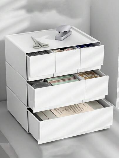 กล่องเก็บของพลาสติกสีขาวแบบลิ้นชัก, จัดเก็บและจัดระเบียบเดสก์ท็อปที่สามารถรวมและวางซ้อนกันได้อย่างอิสระ เหมาะสำหรับสำนักงาน, โรงเรียน และของใช้บนโต๊ะที่รก