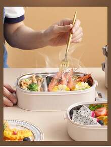 1 hộp cơm trưa cách nhiệt siêu dài bằng thép không gỉ 304, hộp bento 3 tầng, hai lớp, di động & có thể tháo rời, dễ dàng vệ sinh. - Màu be - Xem 7