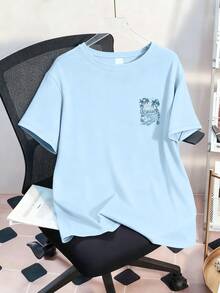 女童圆领T恤，日落海滩印花，时尚有趣，休闲可爱，是春夏必备单品。 - 淺藍色 - 查看 4