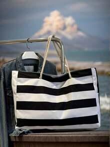 女士大号防水沙滩手提包，带拉链，防水防沙设计，适用于游泳池，随机图案，可作书包，便携大容量，适合青少年、女性、大学生、中小学生、高中生、户外、旅行、郊游、工作、商务、通勤、度假、购物等场合。 - 黑色 - 查看 5