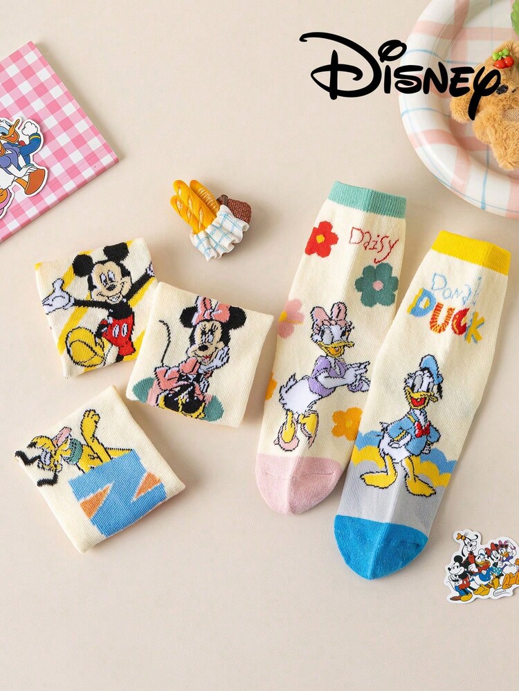 Disney 5双装迪士尼米奇一家彩色中筒袜，可爱卡通迪士尼图案，时尚休闲透气学生袜，适合日常穿着、返校季、节日礼物 - 彩色 - 查看 13