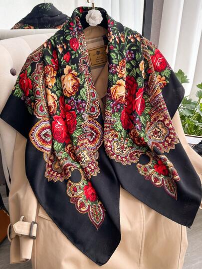 1条优雅佩斯利花卉印花110厘米方巾，女士时尚百搭空调房披肩，适合日常搭配，礼品