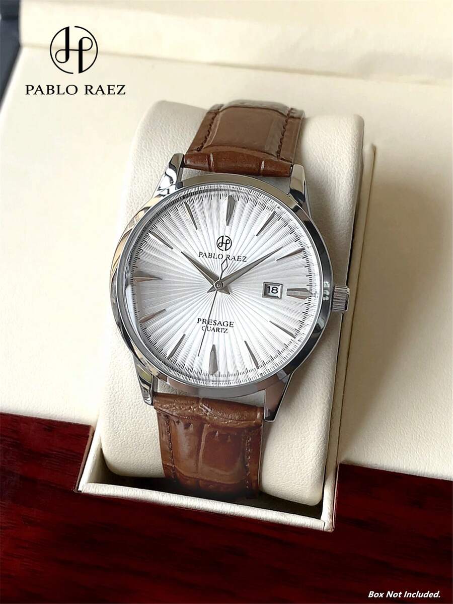 Pablo Raez 1件原裝品牌經典男士腕錶，掃秒機芯，不鏽鋼商務腕錶，簡約銀色奢華棕色軟PU皮革錶帶鏈條，時尚金屬設計師風格，日曆顯示，頂級全新AAA品質，50M防水，男士石英腕錶，運動時鐘，附日期顯示，精美教師禮物，適合男孩、朋友或父親，適用於日常生活/工作/派對裝飾正裝腕錶，畢業、婚禮、生日禮物