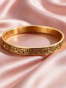 Gold Stainless Steel Greek Key Pattern Bracelet, Minimalist Rolling Design Women's Bangle, Hypoallergenic Waterproof Jewelry Gift - Yellow Gold - View 7