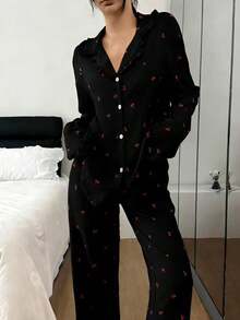 Dreamivo Cherry Blossom Print Ruffle Trim Women Long Sleeve Pajama Set - Black - View 4