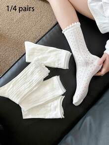 1/4 Packs Socks Summer White Moonlight JK Style Lace Socks For Women, Lightweight Mid-Calf Retro Hollow Ballet-Style Seamless Ruffle Socks - Multicolor - View 6