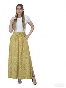 Steve Store Women's Fashion Floral Skirt Made Of Viscose Linen Fabric With Lining, Featuring Pockets And Side Slits, And An Elasticated Waistband. - 黃色的 - 查看 3