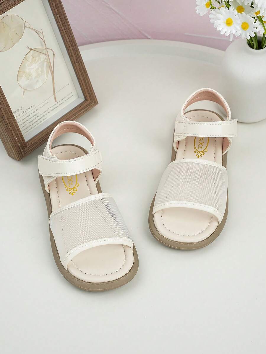 1 Pair Girls' Beige Mesh Breathable Open Toe Hook And Loop Flat Princess Style Summer Sandals, Casual Children Sandals For School & Daily Wear - Beige - View 1