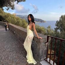 Temperament Skinny V-Neck Sexy Suspender Backless Slim Bead Fish Tail Dress Long Dress - vàng nhạt - Xem 3
