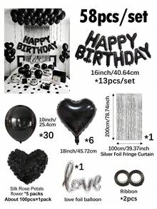 30/56/58件組黑色哥德風生日氣球套組－500片黑色人造花瓣＋16英吋Happy Birthday橫幅＋6個18英吋愛心鋁箔氣球＋Love鋁箔氣球＋乳膠氣球，適合生日派對、浪漫臥室裝飾、午夜驚喜 - 彩色 - 查看 14