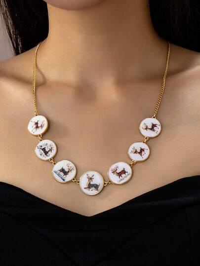 1pc Vintage Palace Style Necklace, Chinese Painting Pattern Retro Necklace, Sweater Chain