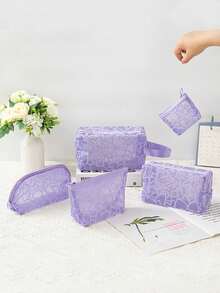 1个/5个装印花网眼化妆包，心形化妆包，植绒透明收纳袋，大容量化妆包，便携式化妆收纳袋，口红零钱包，洗漱包，旅行手提包，女士口红袋，网眼化妆包，贝壳袋，镂空洗漱包，心形印花透明网眼化妆包，旅行洗漱包，化妆包 - 紫色 - 查看 10