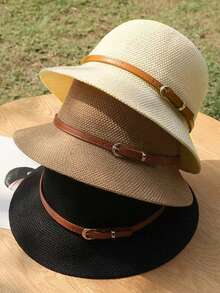 Korean Linen Woven Bucket Hat, Women Summer Japanese Style Versatile Sun Protection Hat - A - View 9