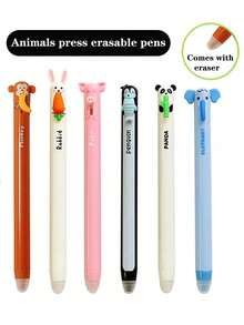 6pcs Animal Shaped Erasable Gel Pen Set, Various Styles, Cute Rabbit, Elephant, Panda Elements, Press-Out Refill Design, Smooth Writing, Built-In Eraser, Suitable As Holiday Gift For Friends, Classmates, Family - Sets - View 7