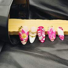 10pcs Handmade Press On False Nails Pink White Tropical Floral Style 3D Flower Gold Chain Rhinestone Nail Charms Full Cover Nail Art Daily Wear Party Vacation Spring Summer Unas Postizas - Pink - View 5