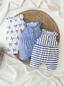3pcs/Set Newborn Baby Round Neck Button Half Placket Casual Daily Outing Rompers - Multicolor - View 2