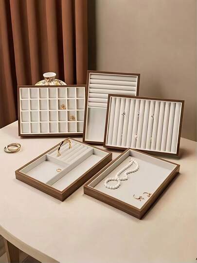 1pc Walnut Jewelry Tray, Velvet Lined Jewelry Display Organizer Box, Large Capacity Jewelry Storage Box For Necklaces, Rings, Earrings, Bracelets, Makeup And Other Accessories, Gift For Women, Girls, Bridesmaids