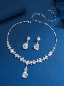 3 件套女士爪链几何水滴耳环和项链套装，婚礼、派对、节日礼物 - 彩色 - 查看 9