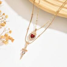 多层情人节新款复古红色爱心水晶项链，女士双层锁骨链，浪漫告白礼物 - 金色 - 查看 5